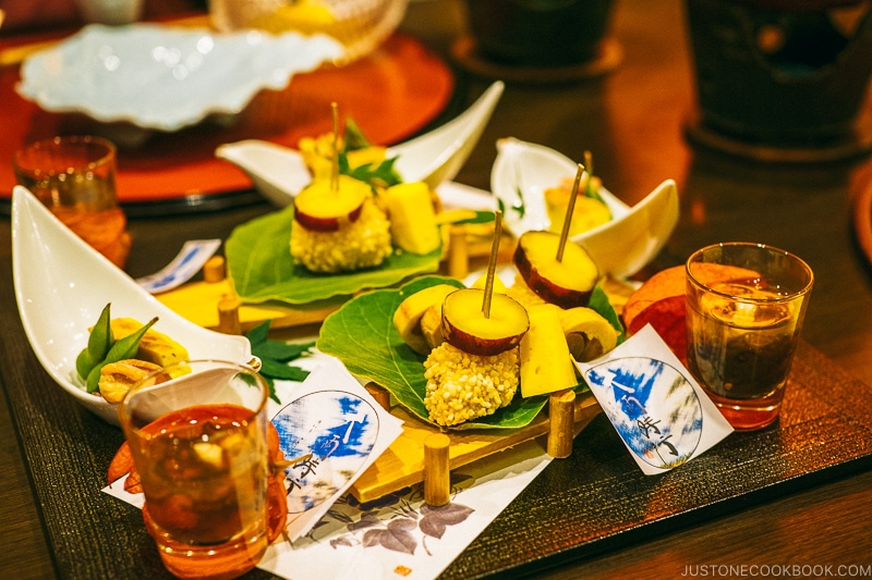 Fried hamo (fish) coated with brown rice, egg yolk Castella, grilled egg cake, edamame, tofu skin roll at Kutsuroginotei Kunitachi - Yamanashi Fruit Picking and Wine Tasting | www.justonecookbook.com 