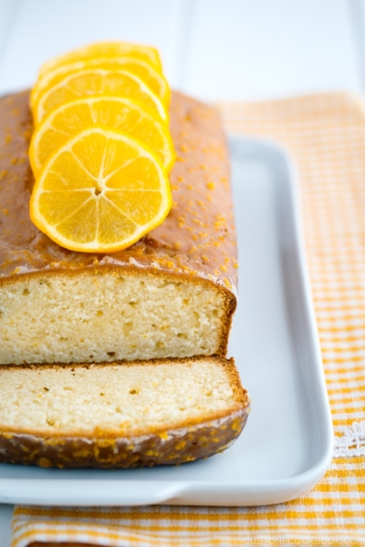 Meyer Lemon Pound Cake served on a white plate.