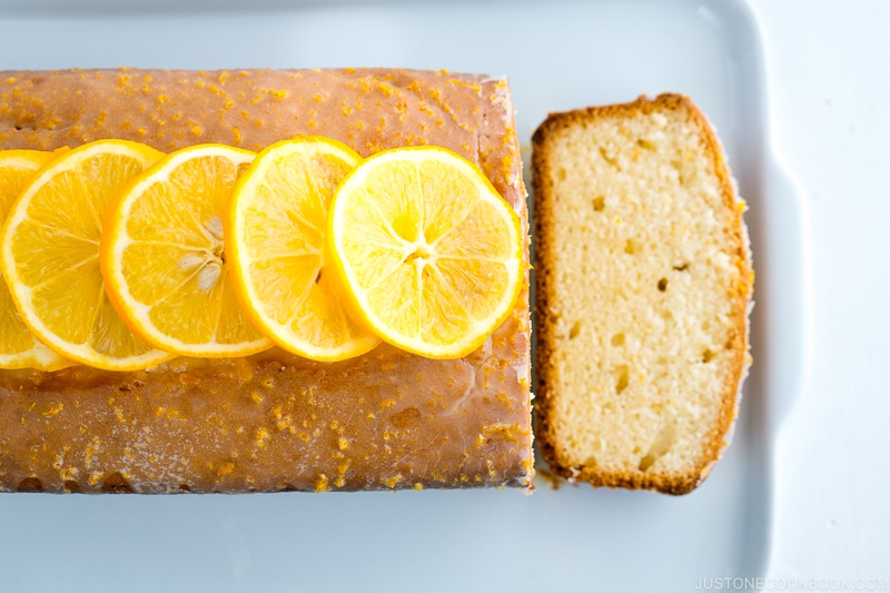 Meyer Lemon Pound Cake served on a white plate.