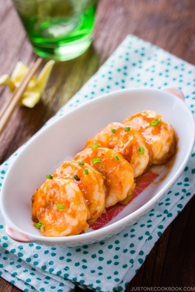 A white plate containing Spicy Shrimp Stir Fry (Ebi Chili).