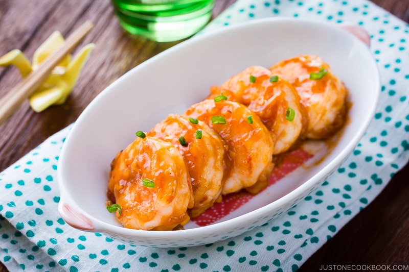 A white plate containing Spicy Shrimp Stir Fry (Ebi Chili).