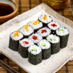 Sushi Rolls (Maki Sushi – Hosomaki) on a Japanese square plate.