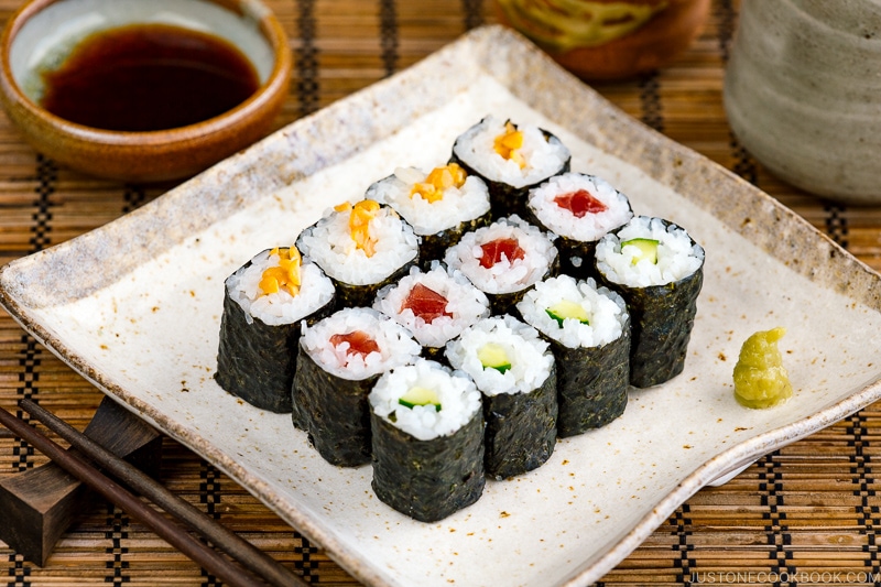 Sushi Rolls (Maki Sushi – Hosomaki) on a Japanese square plate.