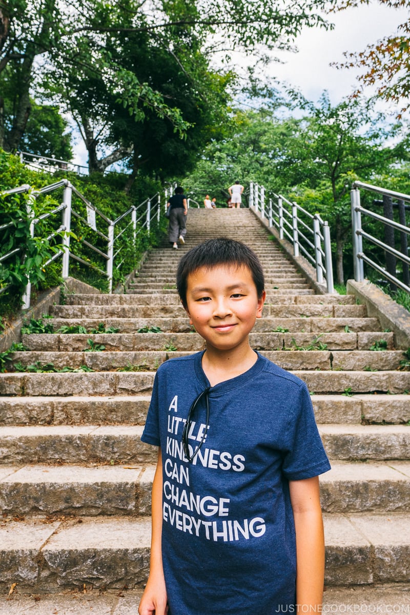 child posing in front of stone steps - Things to do around Lake Kawaguchi | www.justonecookbook.com 