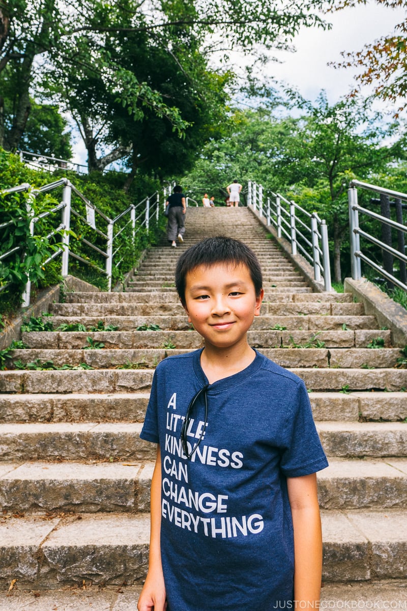 child posing in front of stone steps - Things to do around Lake Kawaguchi | www.justonecookbook.com