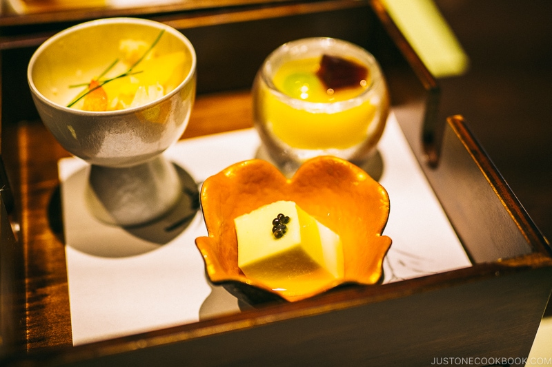 Tofu with caviar, grape Shiratama with black honey orange sauce at Hotel Kaneyamaen - Things to do around Lake Kawaguchi | www.justonecookbook.com