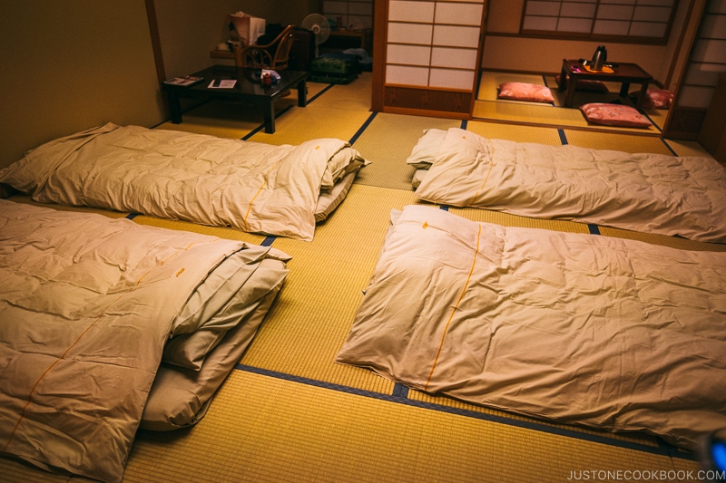 four futons made up in the room at Hotel Kaneyamaen - Things to do around Lake Kawaguchi | www.justonecookbook.com 