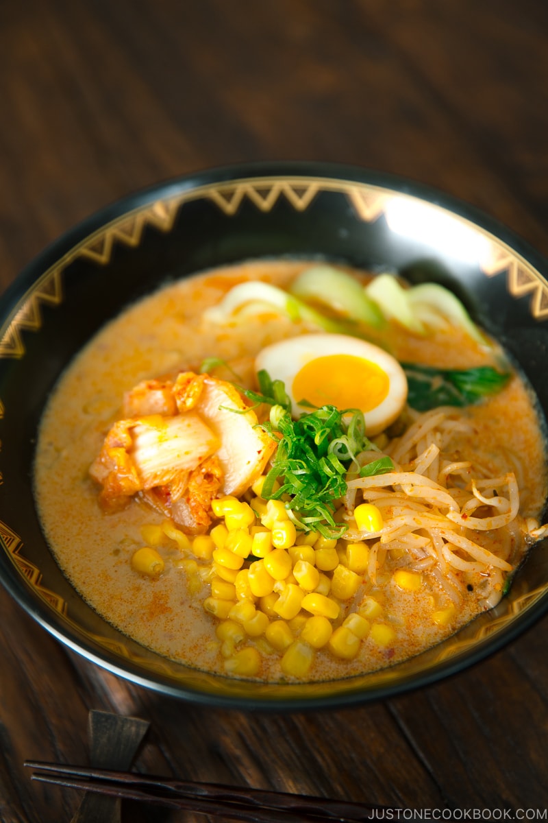 Vegetarian ramen served in a black ramen bowl.