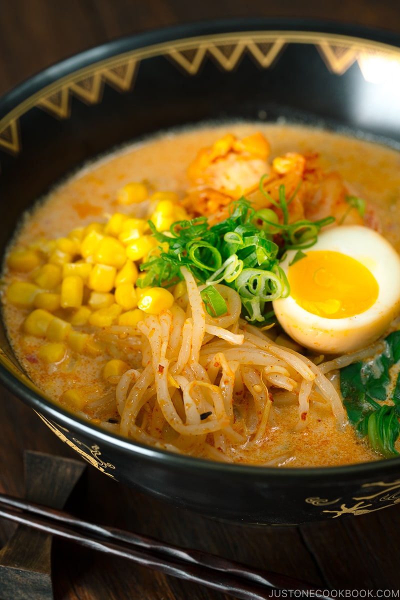 Vegetarian ramen served in a black ramen bowl.