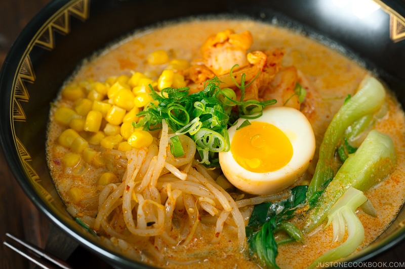 Vegetarian ramen served in a black ramen bowl.