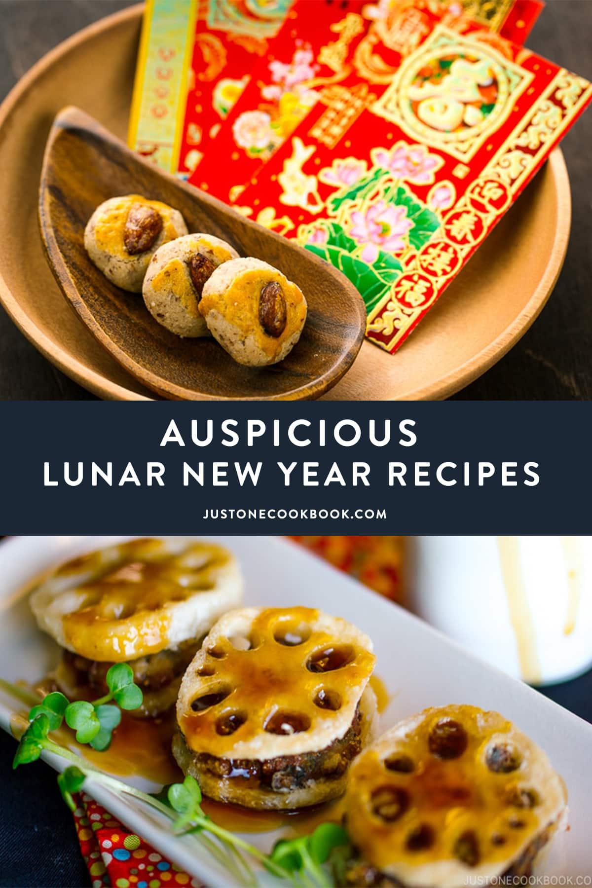 Collage of Chinese Almond Cookies and fried Lotus Root with pork for Lunar New Year