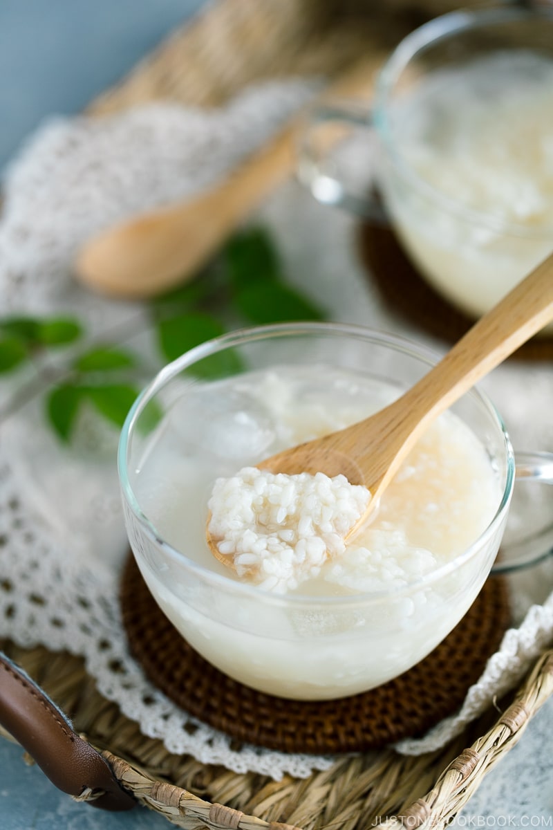 Amazake (Fermented Japanese Rice Drink) in a glass cup.