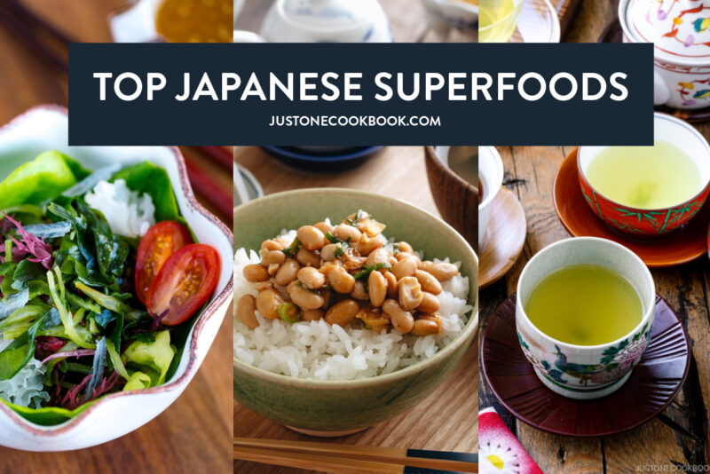 collage of top Japanese superfoods including natto, seaweed, green tea