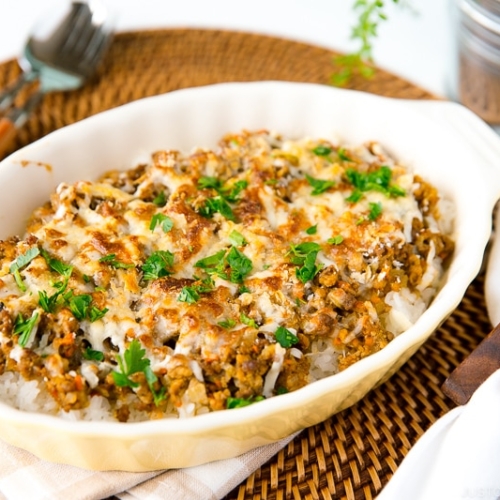 A casserole containing Curry Doria (Japanese Rice Gratin).