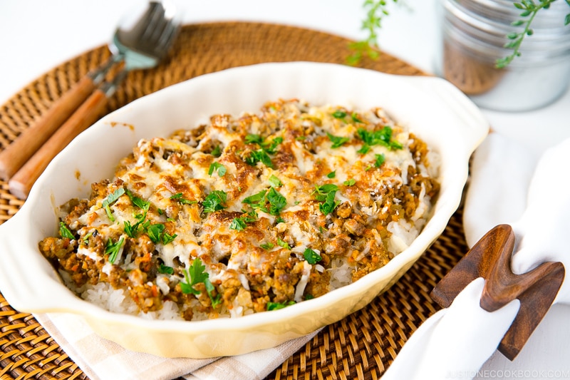 A casserole containing Curry Doria (Japanese Rice Gratin).