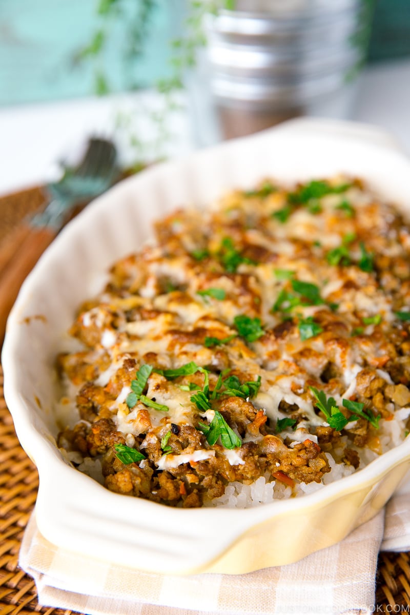 A casserole containing Curry Doria (Japanese Rice Gratin).