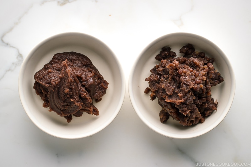 Koshian (fine red bean paste) and Tsubuan (chunky red bean paste).