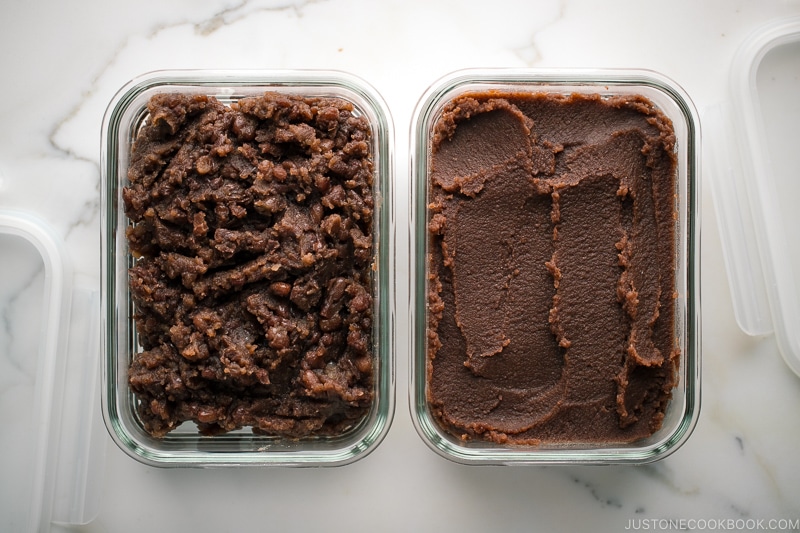 Koshian (fine red bean paste) and Tsubuan (chunky red bean paste).