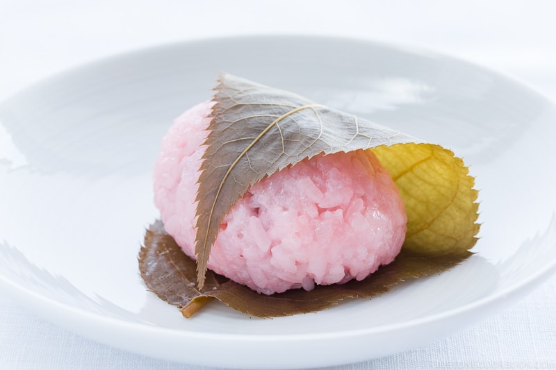 Sakura Mochi on a white plate.