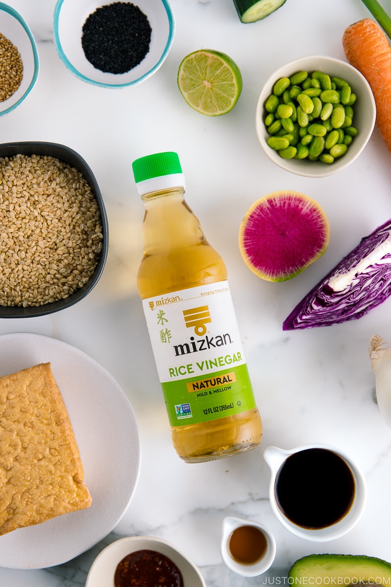 Mizkan rice vinegar and ingredients for Vegan Poke Bowl.