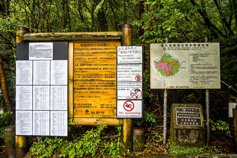 signs at entrance to Shiratani Unsui Gorge - Yakushima Travel Guide | www.justonecookbook.com