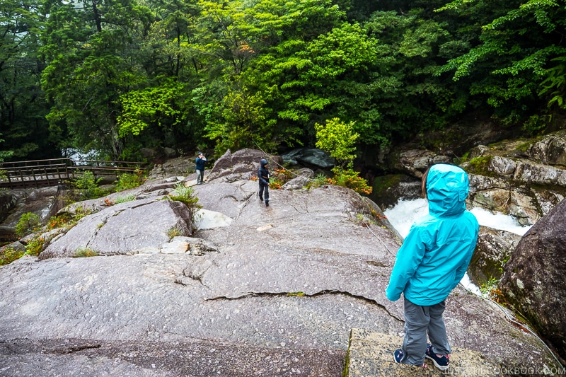 visitors climbing boulder at Shiratani Unsui Gorge - Yakushima Travel Guide | www.justonecookbook.com