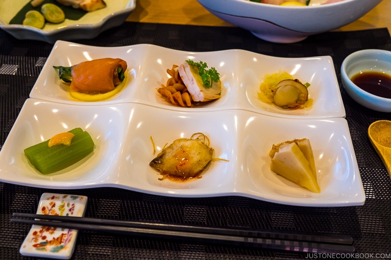 dinner appetizers at Seaside Hotel Yakushima - Yakushima Travel Guide | www.justonecookbook.com 
