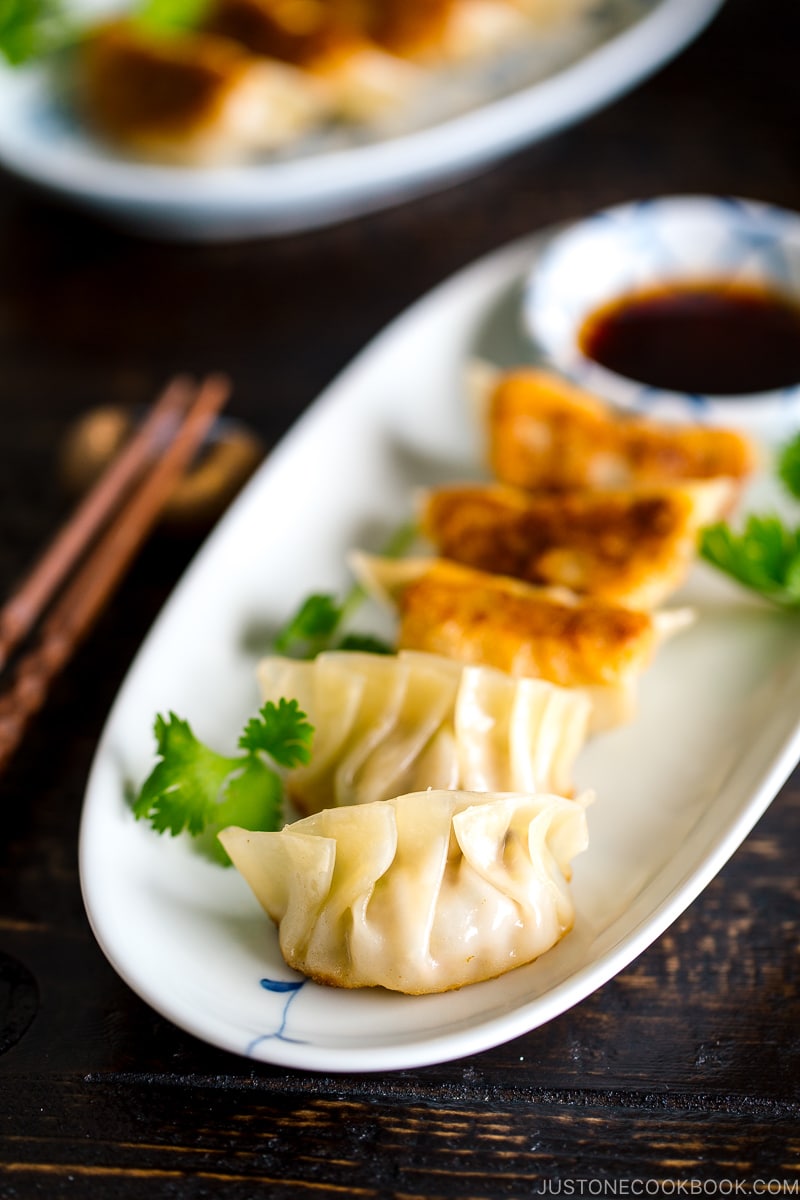 Gyoza served on a plate.