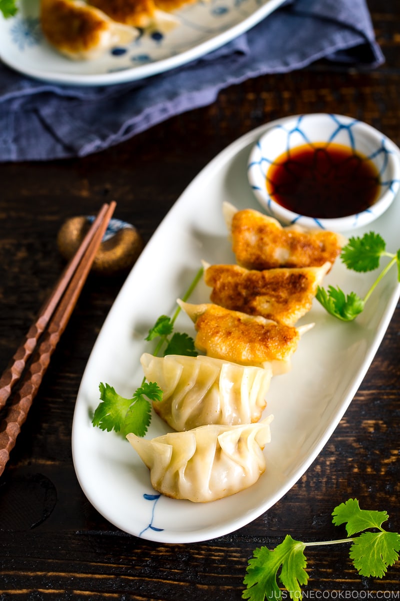 Gyoza served on a plate.