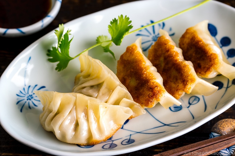 Gyoza served on a plate.