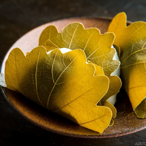 A bizenware plate containing Kashiwa Mochi.