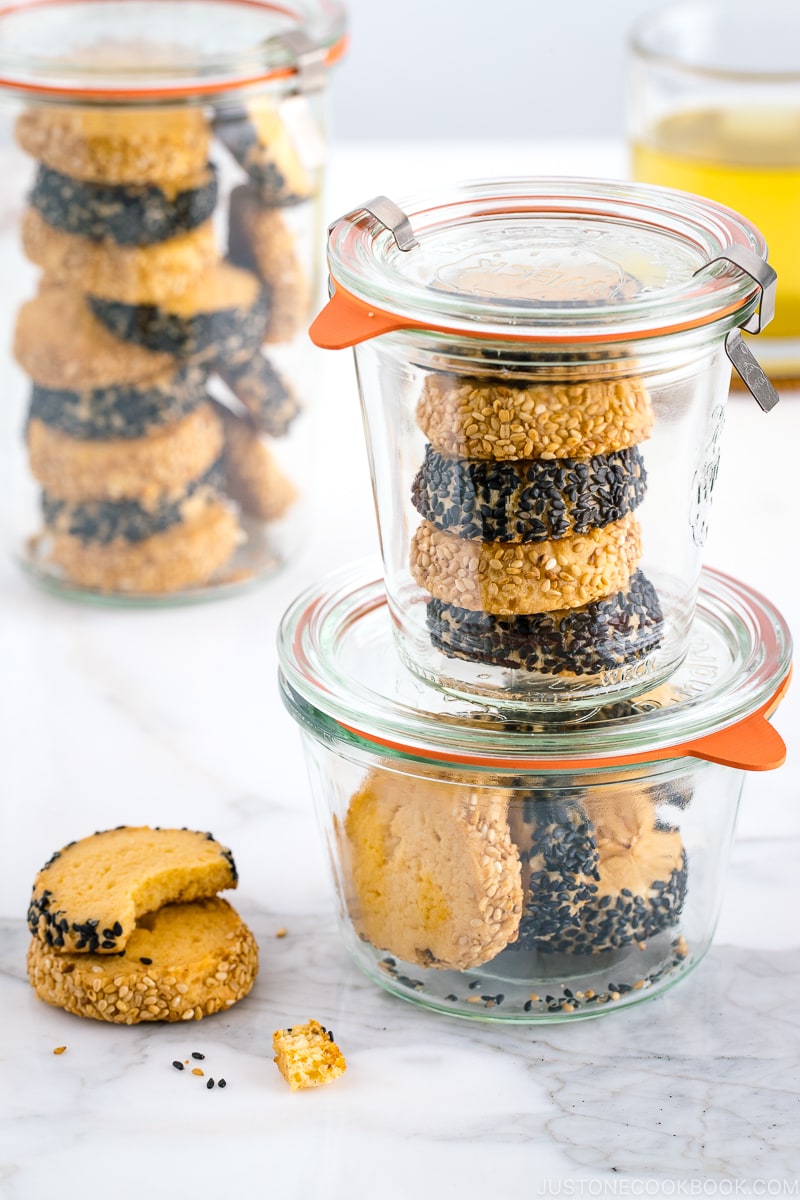 Miso Butter Cookies stored in the glass containers.