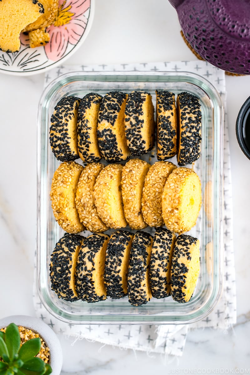 Miso Butter Cookies stored in the glass container.