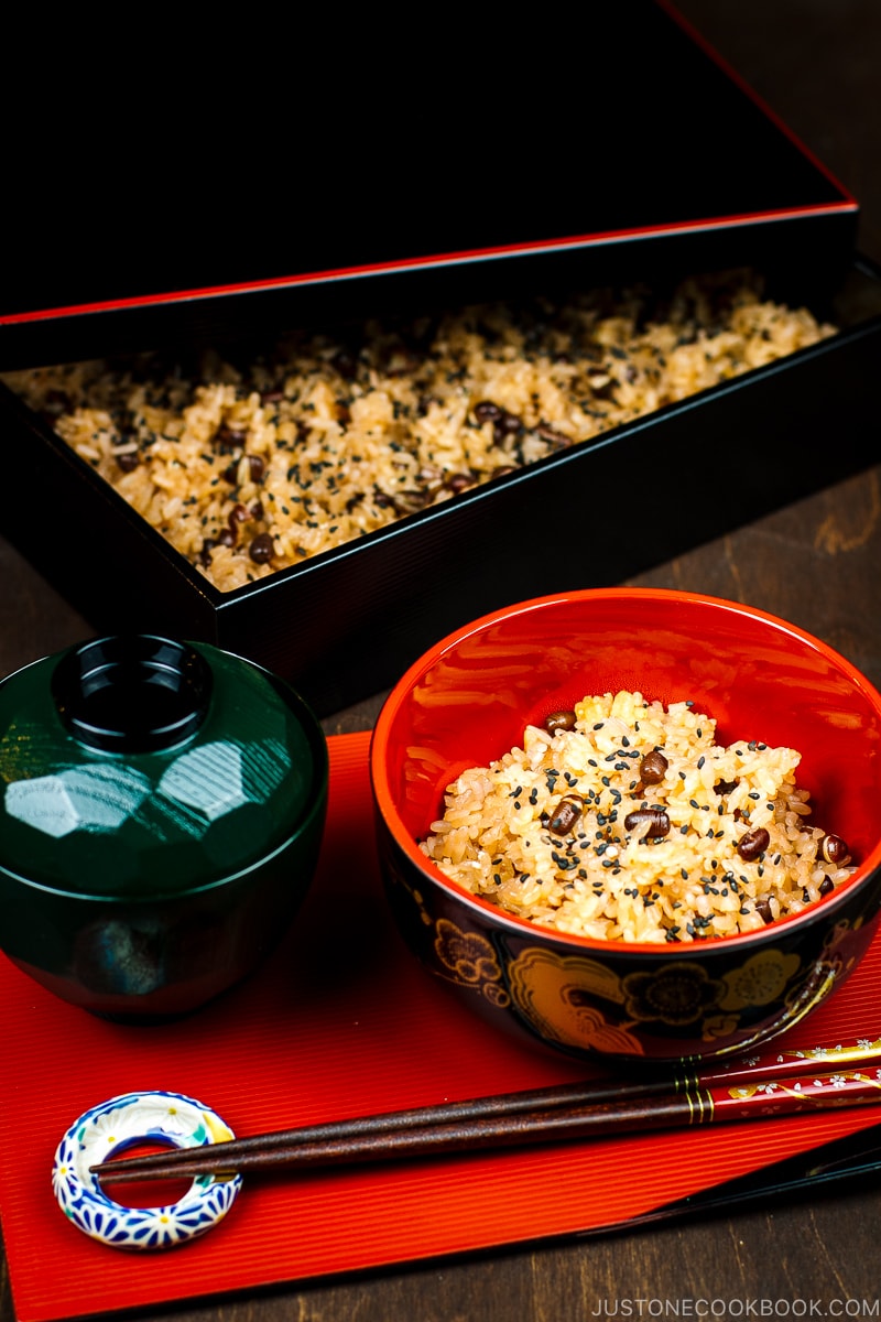 A bowl containing Sekihan (Japanese Azuki Red Bean Rice).