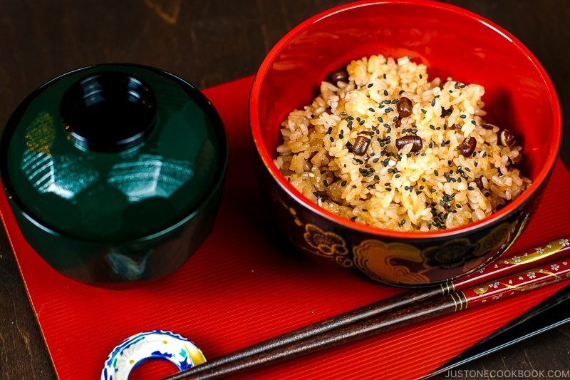 A bowl containing Sekihan (Japanese Azuki Red Bean Rice).