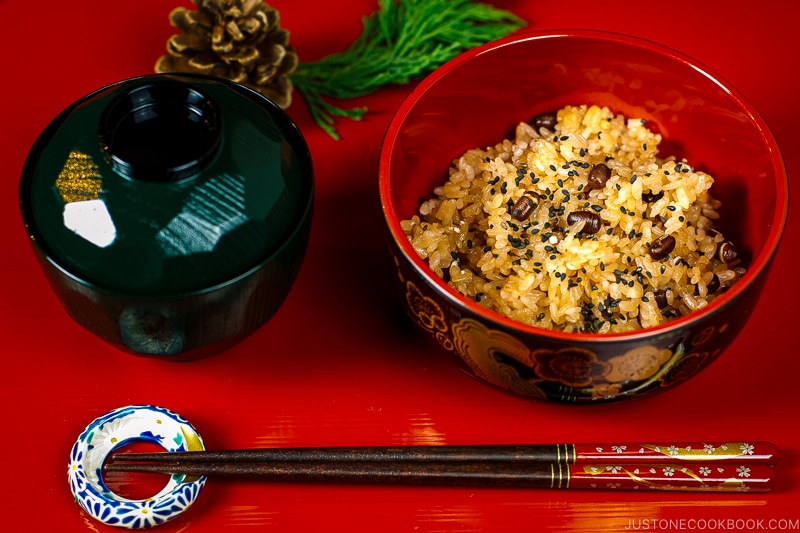 A bowl containing Sekihan (Japanese Azuki Red Bean Rice).