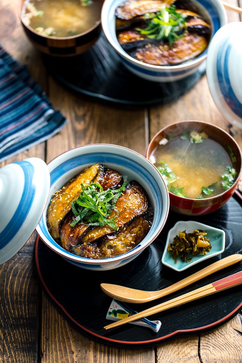 A Japanese rice bowl containing Soy Glazed Eggplant Donburi topped with julienned shiso and toasted sesame seeds.