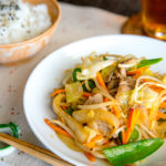 A white plate containing Japanese-style Stir Fry Vegetables (Yasai Itame).