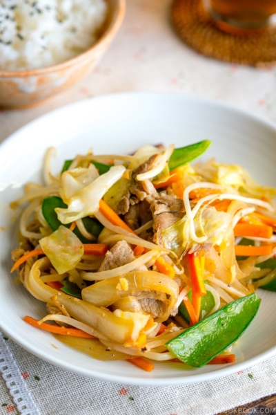 A white plate containing Japanese-style Stir Fry Vegetables (Yasai Itame).