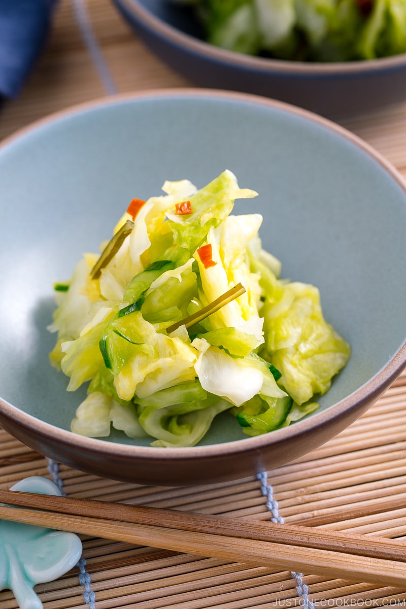 A light blue ceramic bowl containing Japanese Pickled Cabbage.