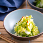 A light blue ceramic bowl containing Japanese Pickled Cabbage.