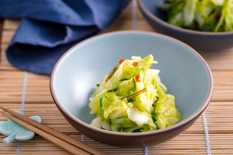 A light blue ceramic bowl containing Japanese Pickled Cabbage.