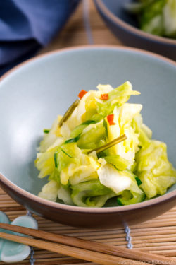A light blue ceramic bowl containing Japanese Pickled Cabbage.