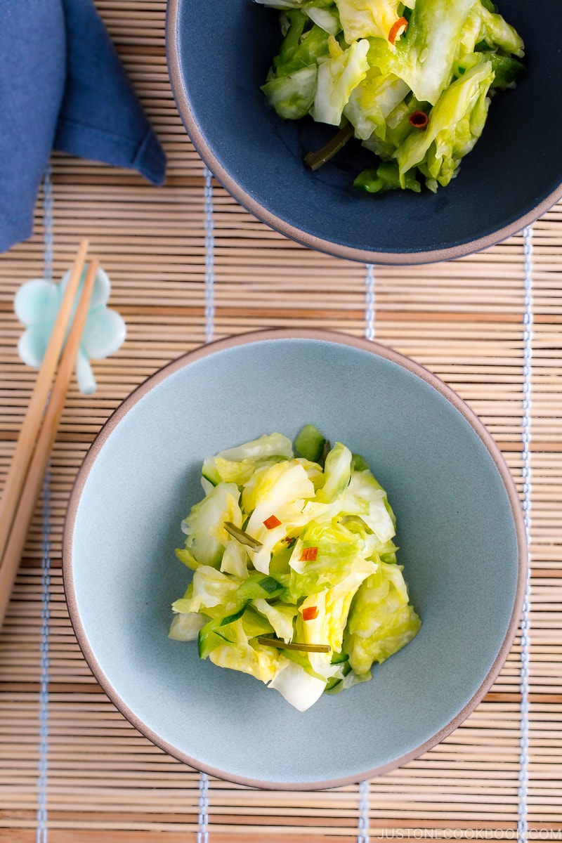 A light blue ceramic bowl containing Japanese Pickled Cabbage.