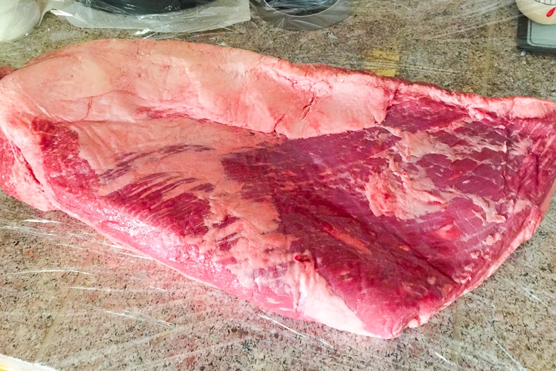Raw beef brisket with flat to the right and point on the left side