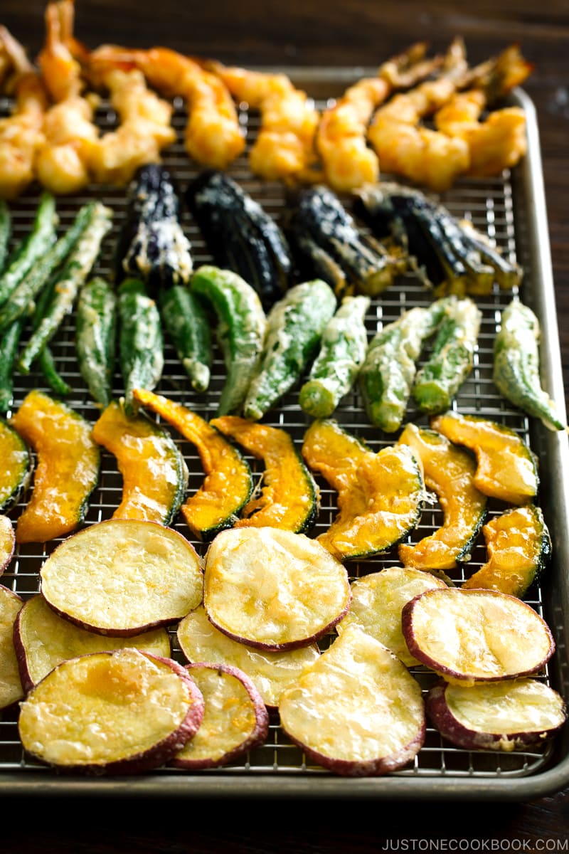 Gluten-Free Tempura on a wire rack.