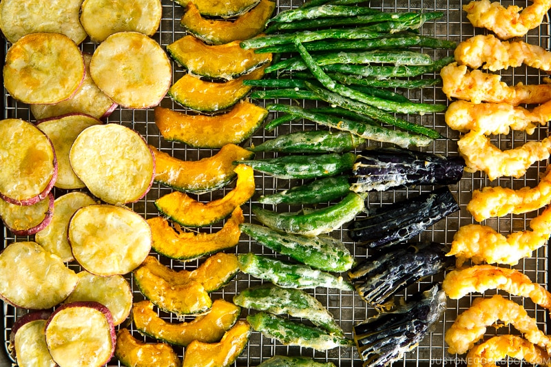 Gluten-Free Tempura on a wire rack.