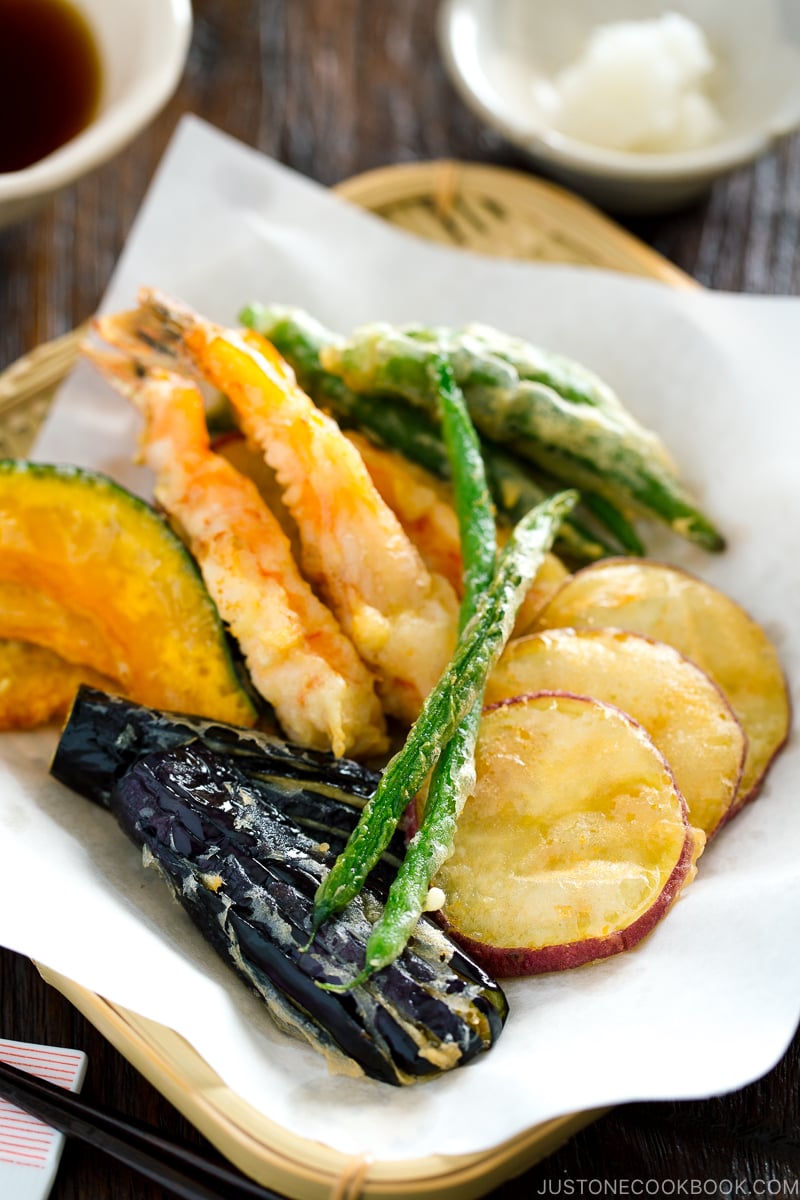 Gluten-Free Tempura on a bamboo basket.