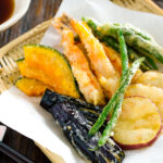 Gluten-Free Tempura on a bamboo basket.