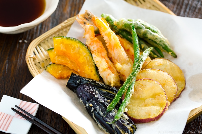 Gluten-Free Tempura on a bamboo basket.